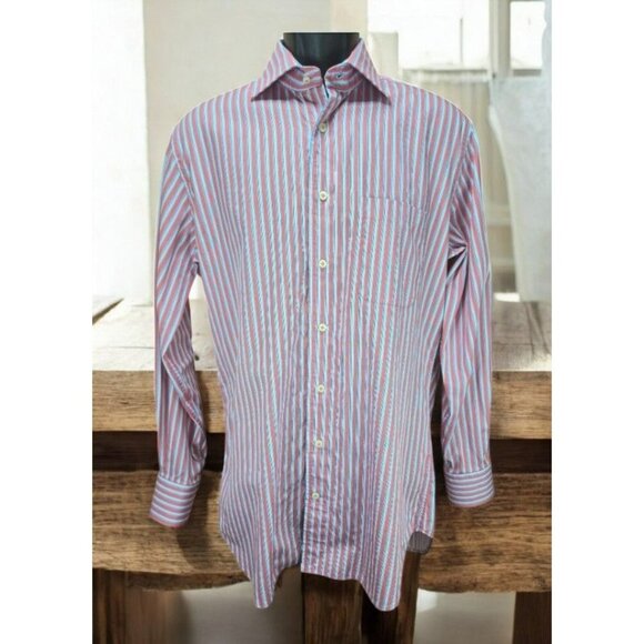 Peter Millar Pink Striped Cotton Long-Sleeve Dress Shirt Medium - Picture 1 of 6